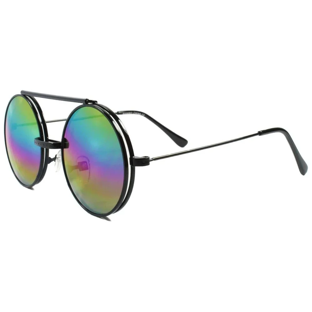 Vintage Retro Hip Steampunk Black Rainbow Mirrored Lens Round Circle Sun Glasses